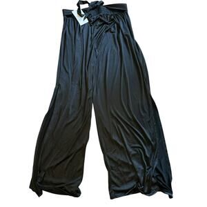 Lida Wide Leg Pants NWT Side Slits L/XL Lagenlook Liquid Knit  Black Resort